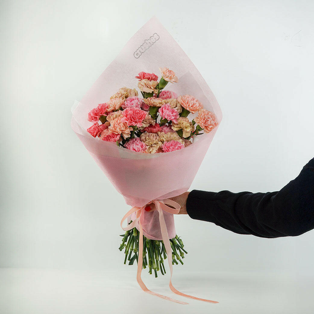 Mother's Day pink and peach carnations wrapped in delicate pink paper with a ribbon. Delivered in Melbourne - Crushes Flowers