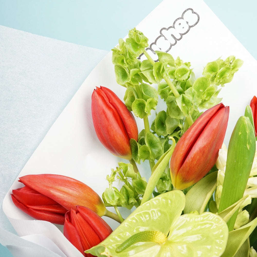 A vibrant bouquet of red tulips and white flowers in a clear vase against a light blue background. Green leaves add freshness and spring vibes.