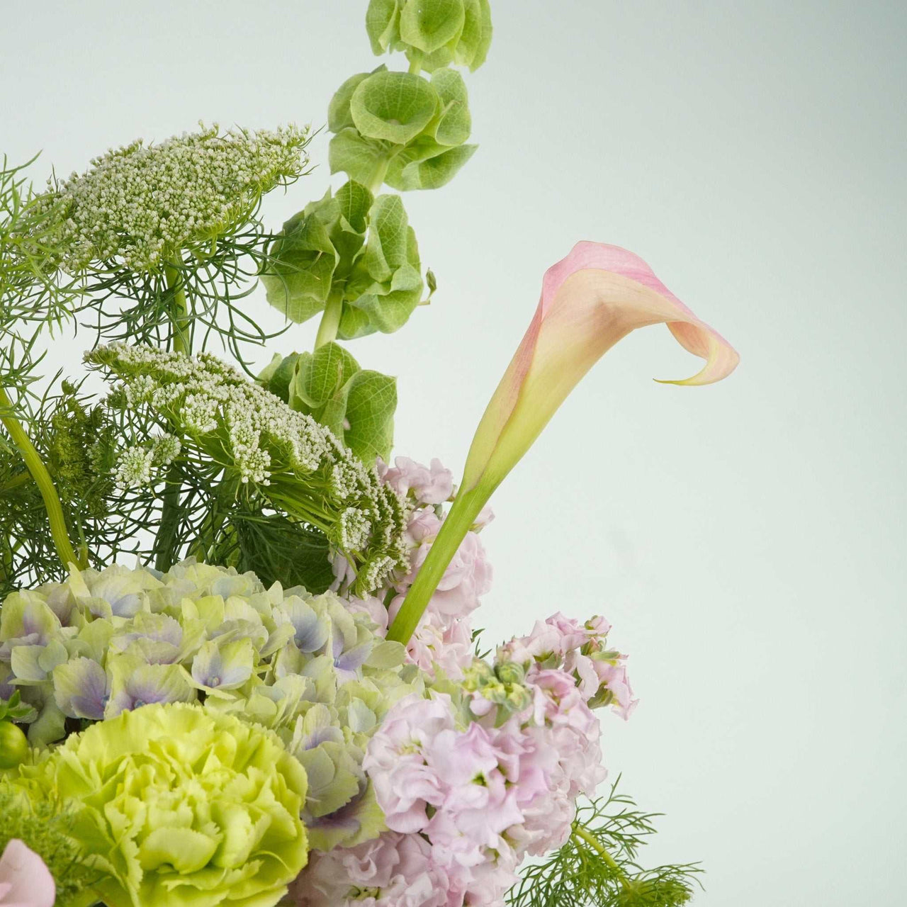 Pastel floral arrangement featuring hydrangea, calla lily, dahlia, ranunculus, carnations, and fluffy stock in a vase.