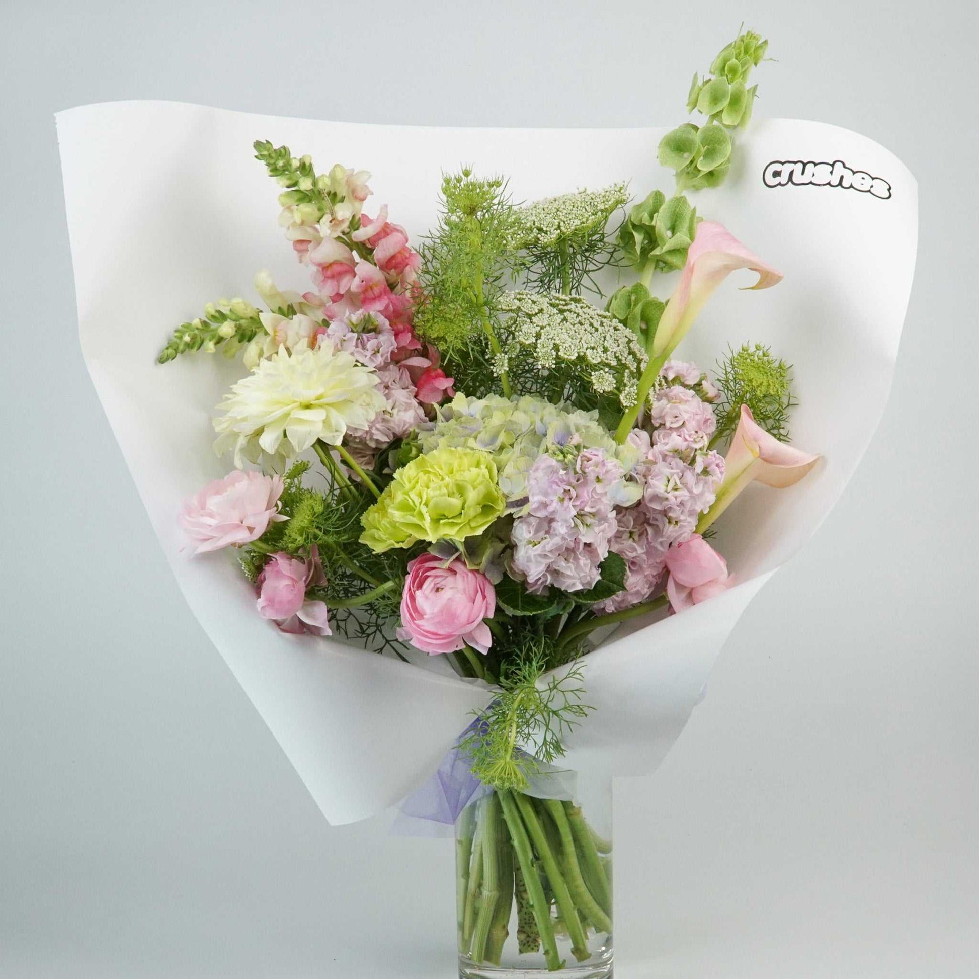Pastel flower bouquet featuring hydrangea, calla lily, dahlia, ranunculus, carnations, Delivered In Melbourne From Crushes Flowers Online