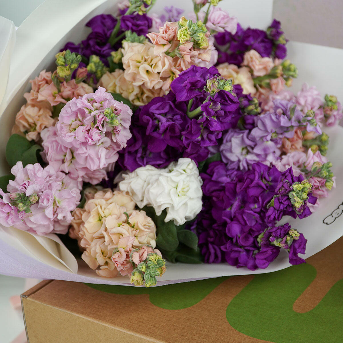 bouquet of Mothers Day flowers, called 'Stock', in purple, lavender, and pale pink, wrapped in light purple paper, tied with a ribbon. Delivered In Melbourne