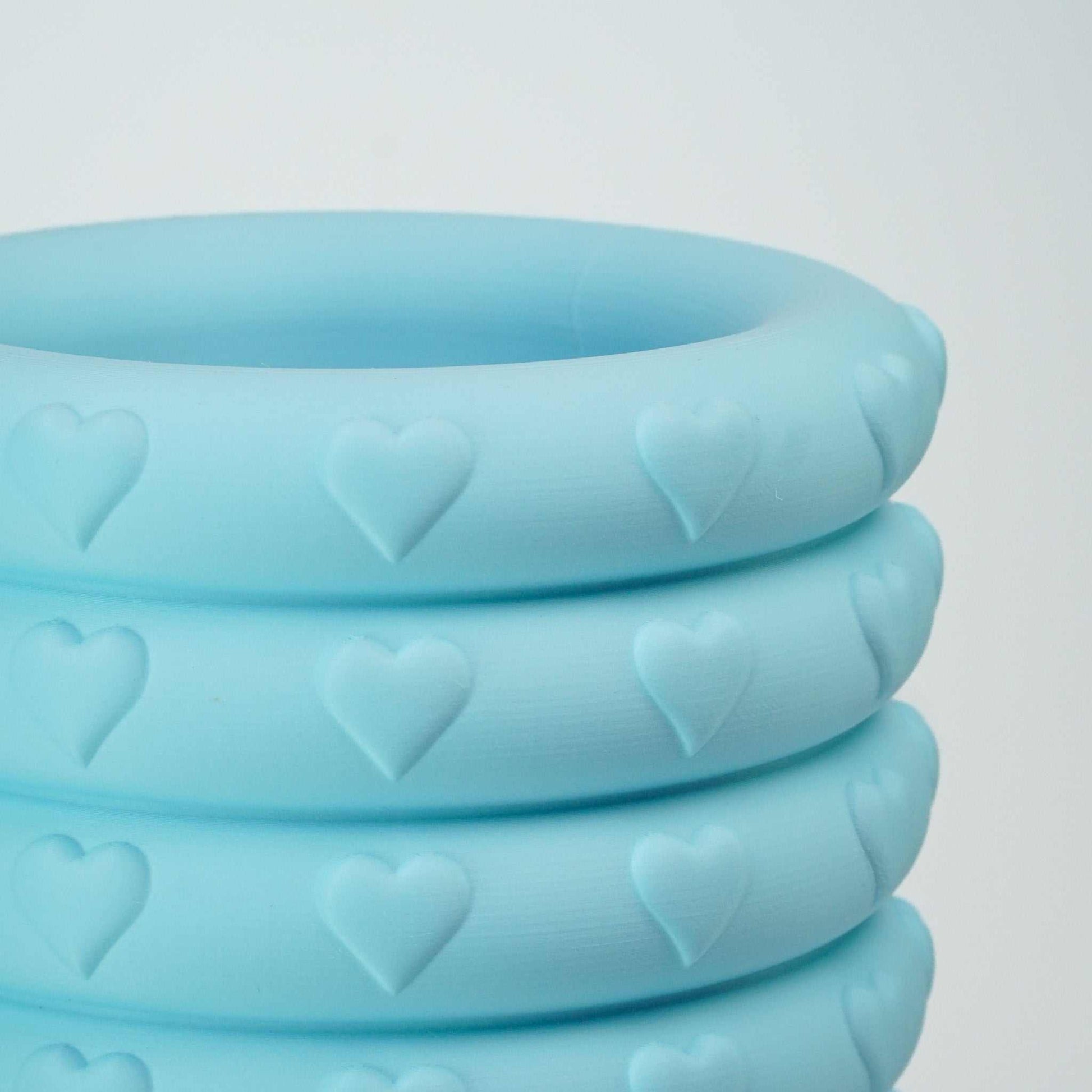 3D printed blue hearts vase with glass insert, eco-friendly PLA material. Blue printed Vase