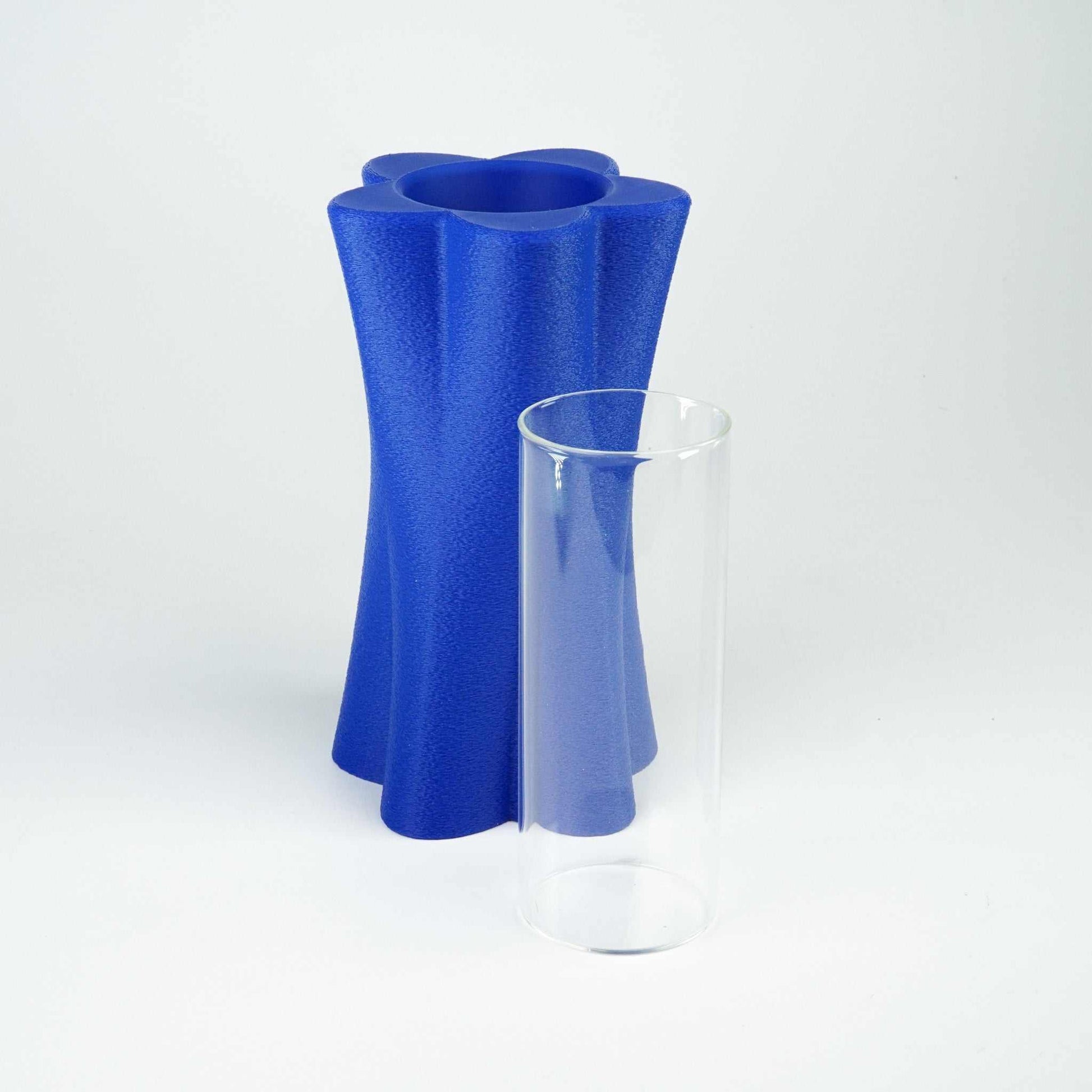 3D Flower vase in blue with glass insert, recyclable PLA, 19cm high.