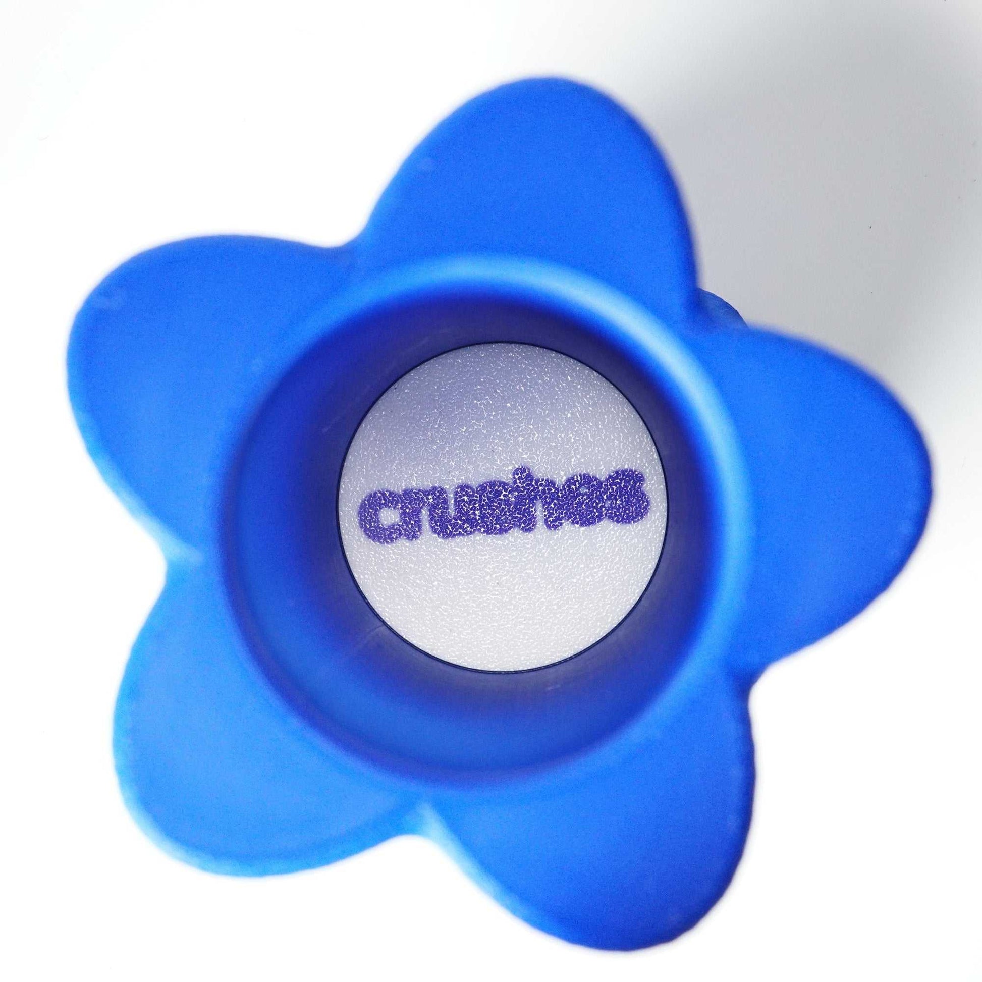 Blue 3D flower vase with glass insert, made from recyclable PLA.