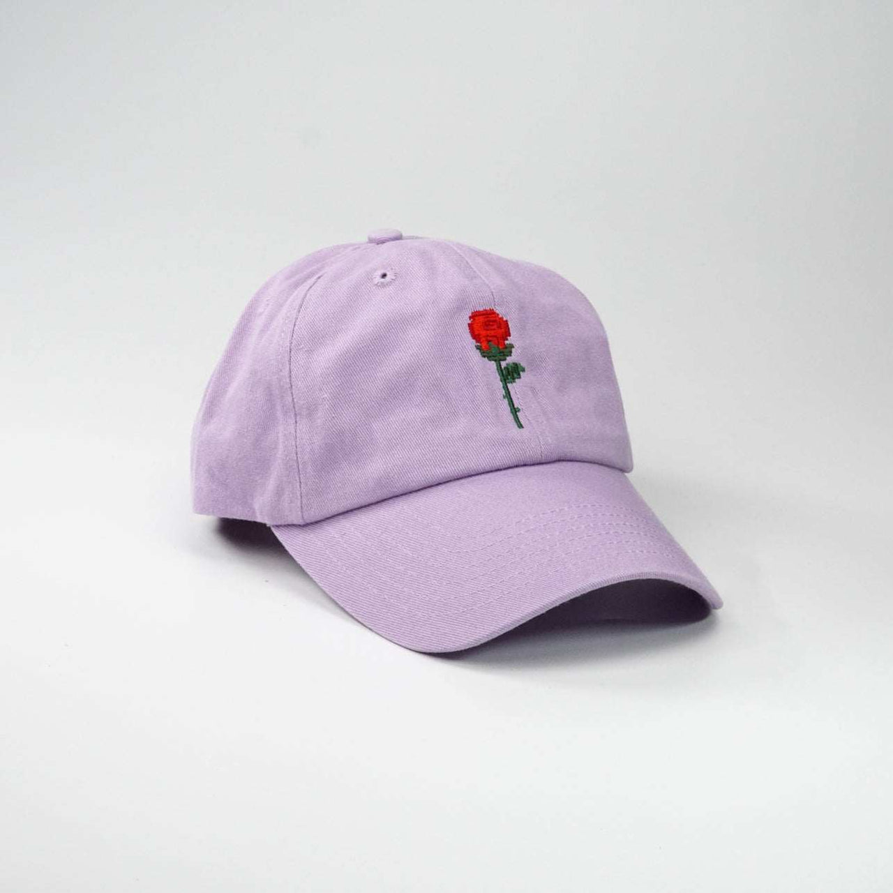 Crushes Pixel Rose Purple Cotton Cap with embroidered red rose, 100% cotton, adjustable fit.