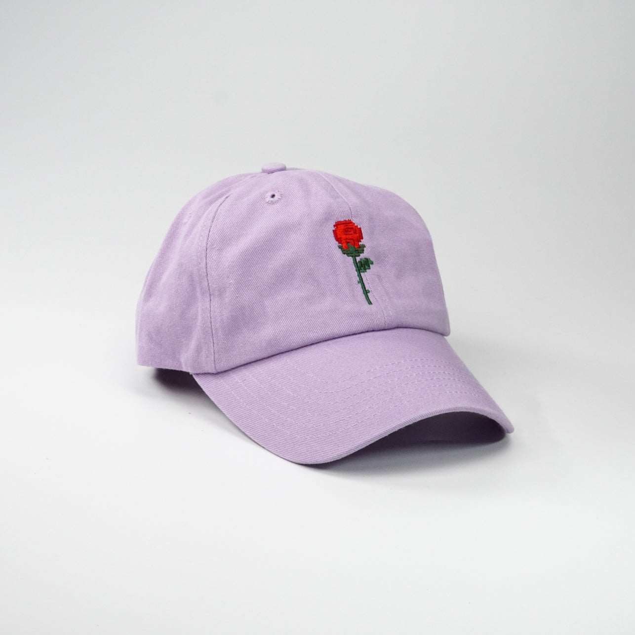 Crushes Pixel Rose Purple Cotton Cap with embroidered red rose, 100% cotton, adjustable fit.