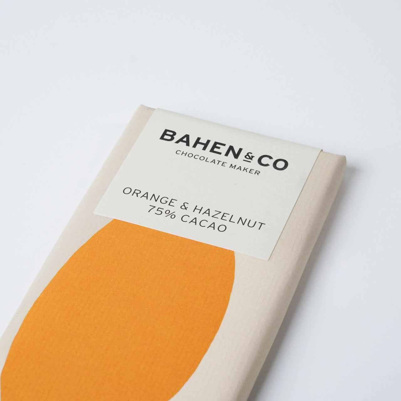 Bahen&Co Orange Chocolate w Hazelnut, 75% cacao, ethical and sustainable.