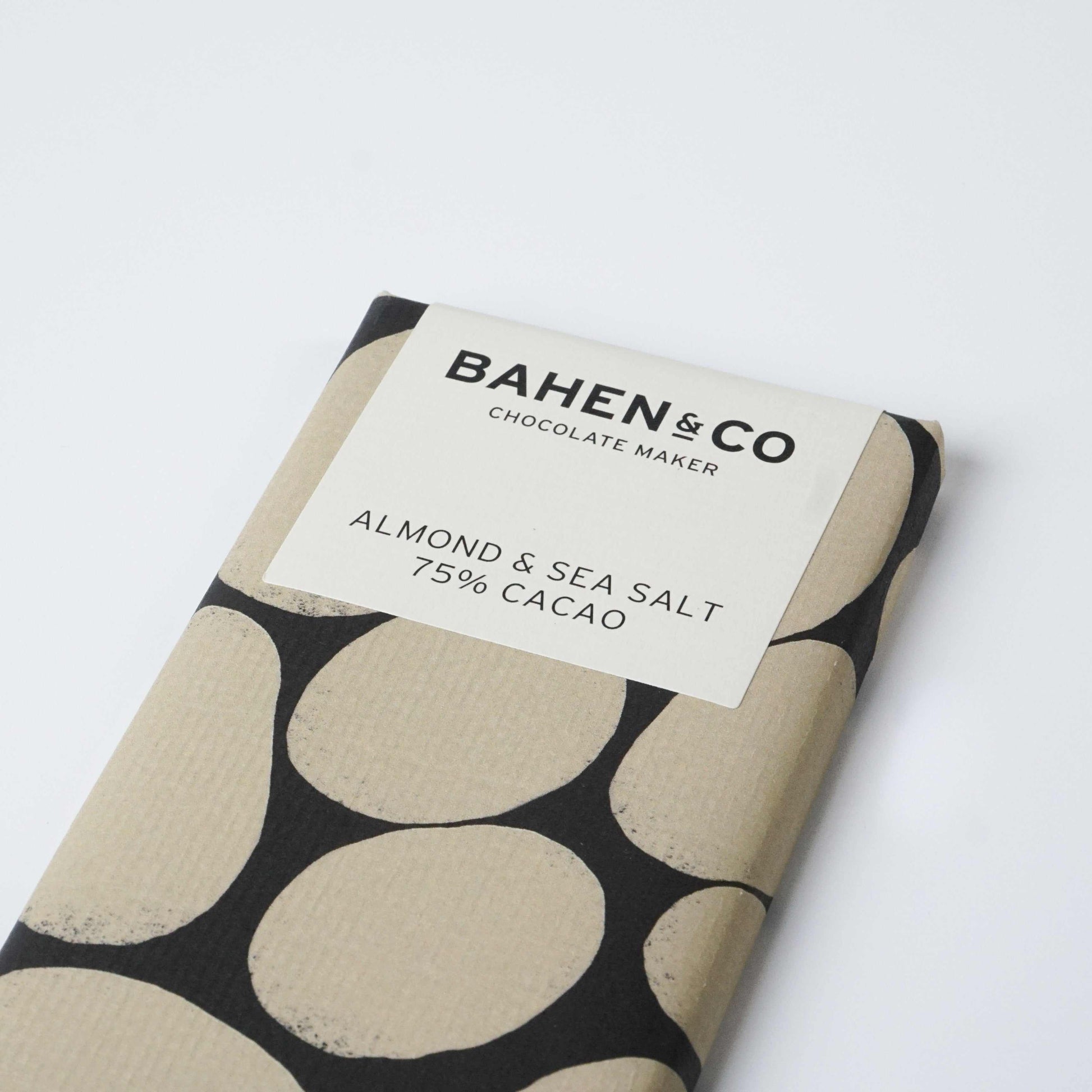 Bahen&Co Almond Chocolate w Sea salt 75% cacao bar, ethically made with roasted almonds and hand-harvested sea salt.