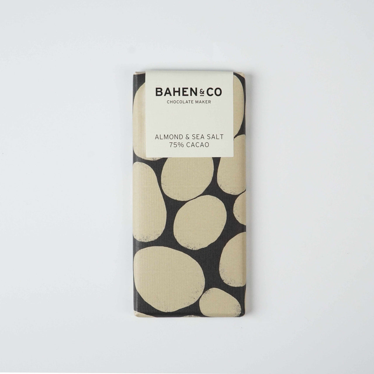 Bahen&Co Almond Chocolate w Sea salt, 75% cacao, 75g bar packaging.