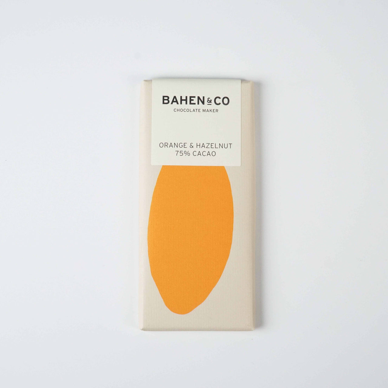 Bahen&Co Orange Chocolate w Hazelnut, 75% cacao, ethical and sustainable.