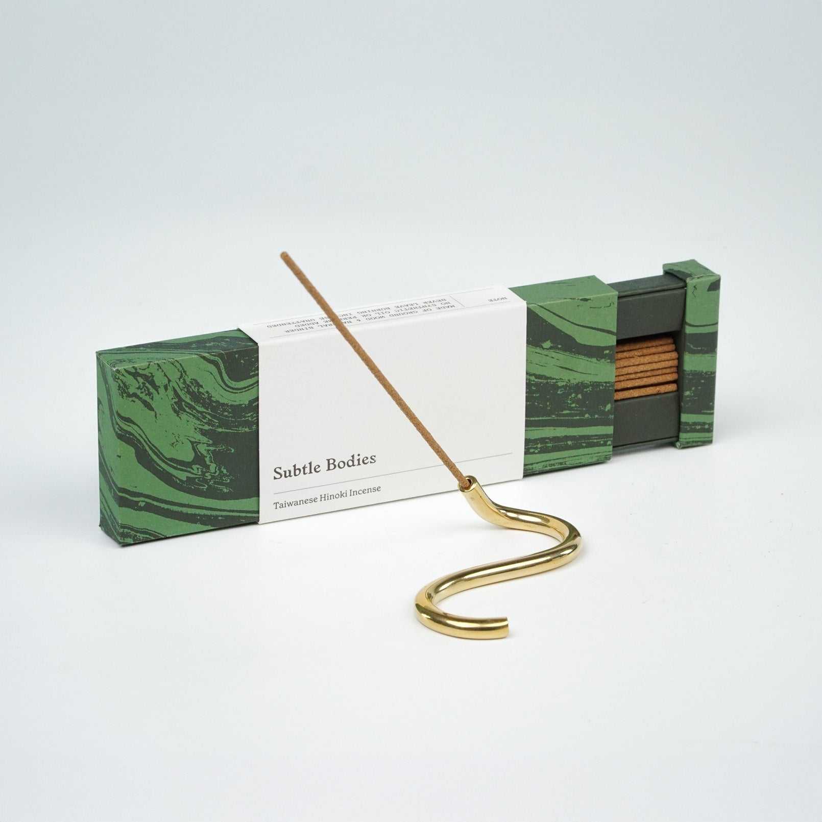 Incense set with Taiwanese Hinoki sticks and handcrafted brass snake holder.