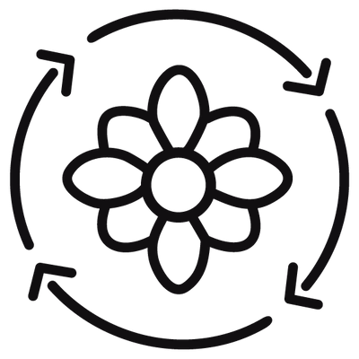 Black flower icon with circular arrows on a white background, representing eco friendly practices.