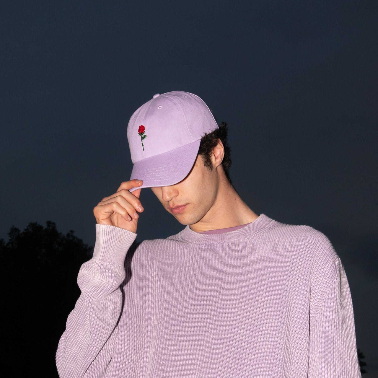 Crushes Pixel Rose Purple Cotton Cap with embroidered red rose, 100% cotton, adjustable fit.