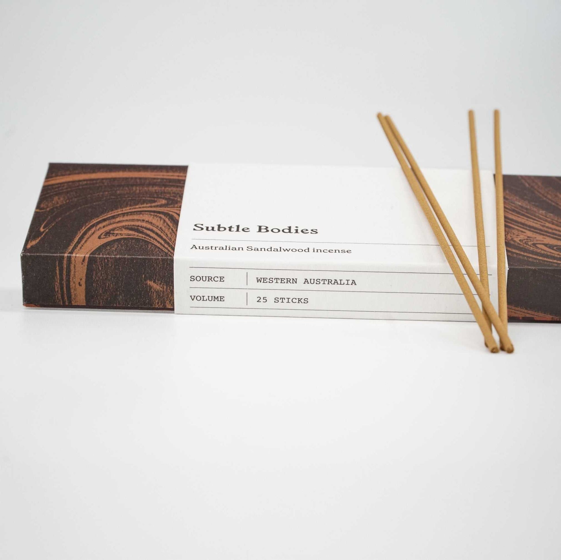 Sandalwood Incense sticks and packaging of Subtle Bodies Australian Sandalwood, sourced from Western Australia.