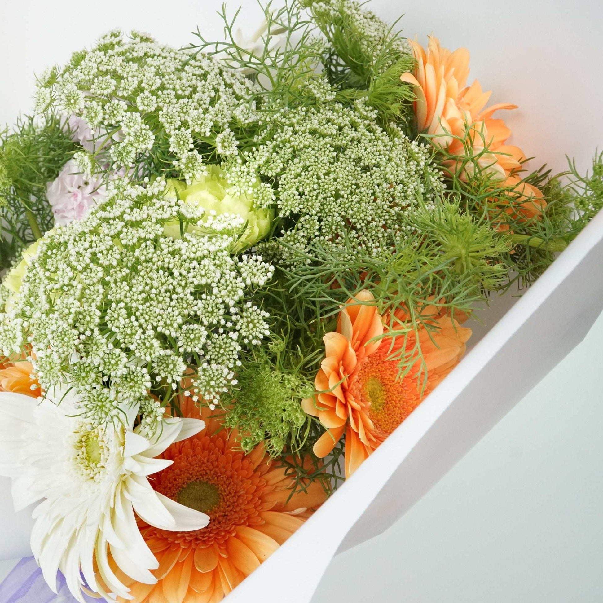 Bouquet of Queen Anne's lace, gerberas, and complementary flowers in a white wrap, "The No.08 - Cute Little Crush".