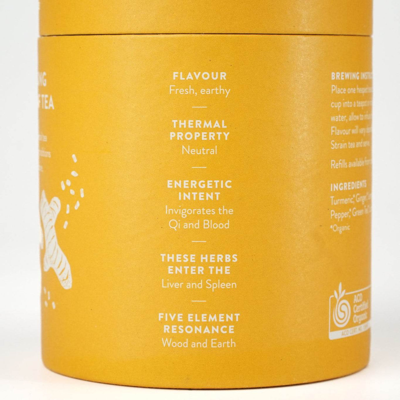 Energising Tea in cylindrical packaging, 100g, features organic turmeric, ginger, lemon verbena, handcrafted for health benefits.