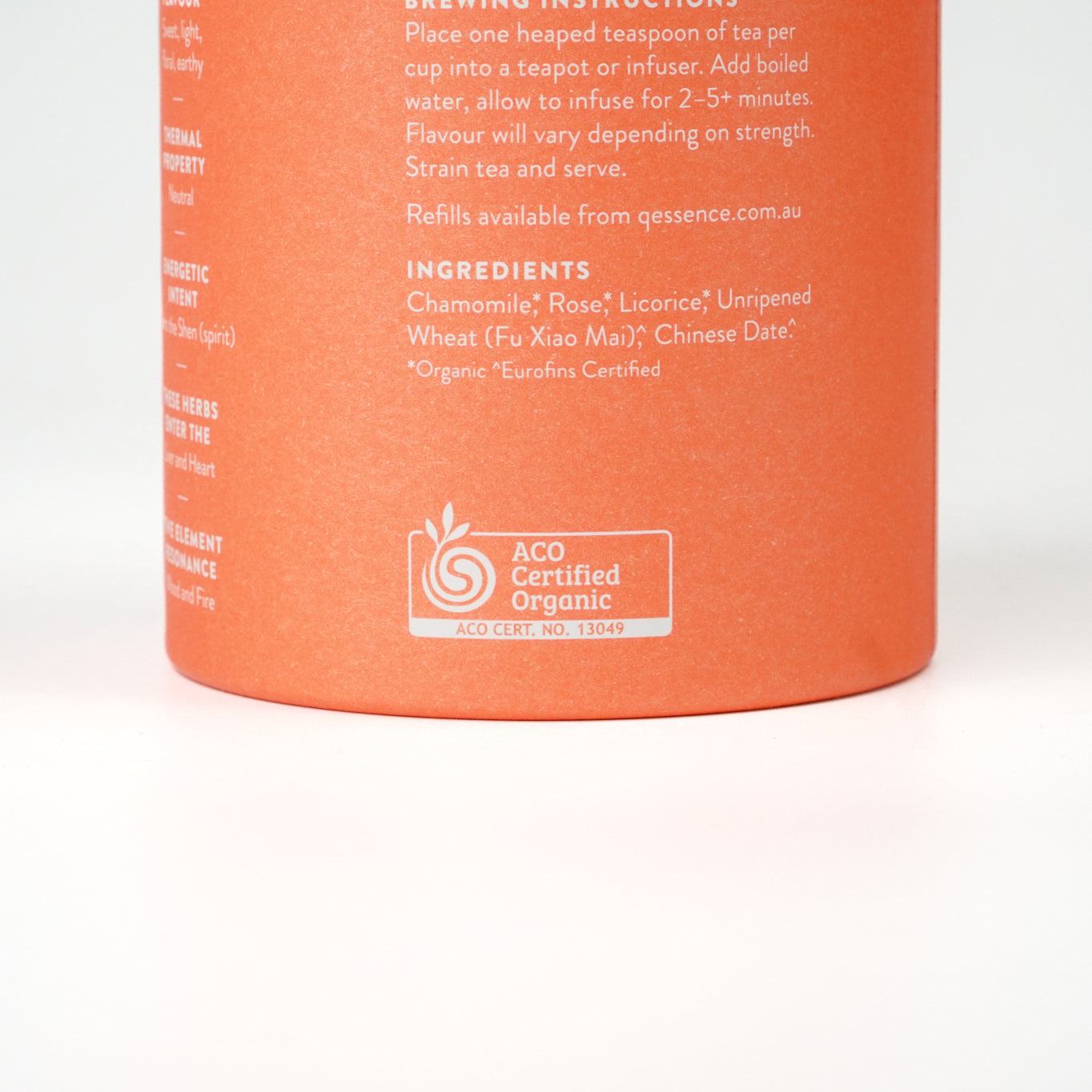 ACO certified organic label on Happy Tea packaging.