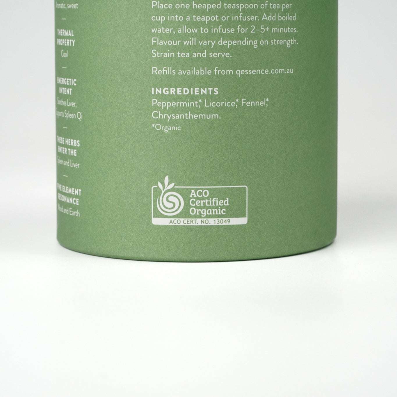 Harmonising Tea packaging with organic certification and ingredient list including peppermint, licorice, fennel, and chrysanthemum.