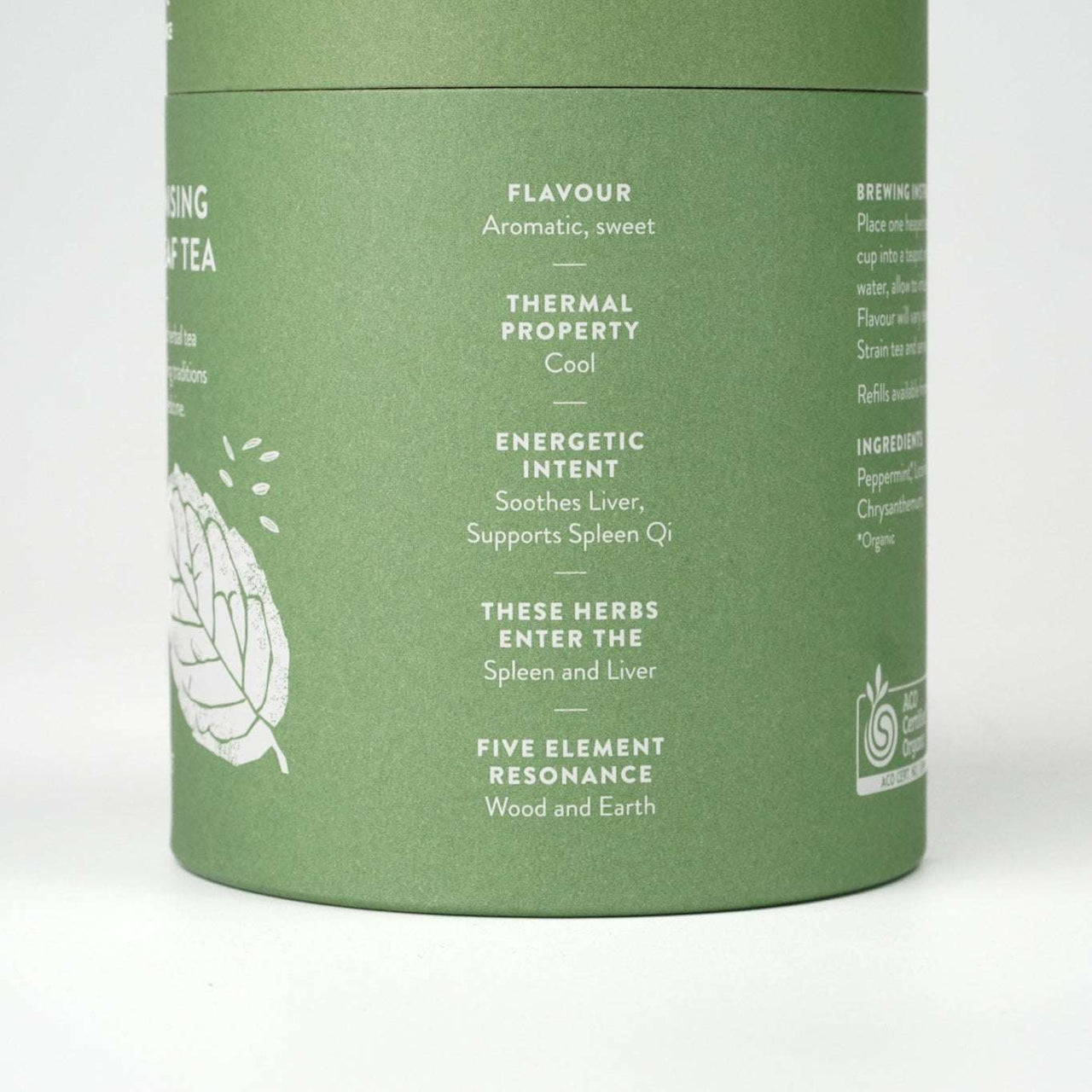 Harmonising Tea canister featuring organic herbal ingredients for digestion and mood elevation.