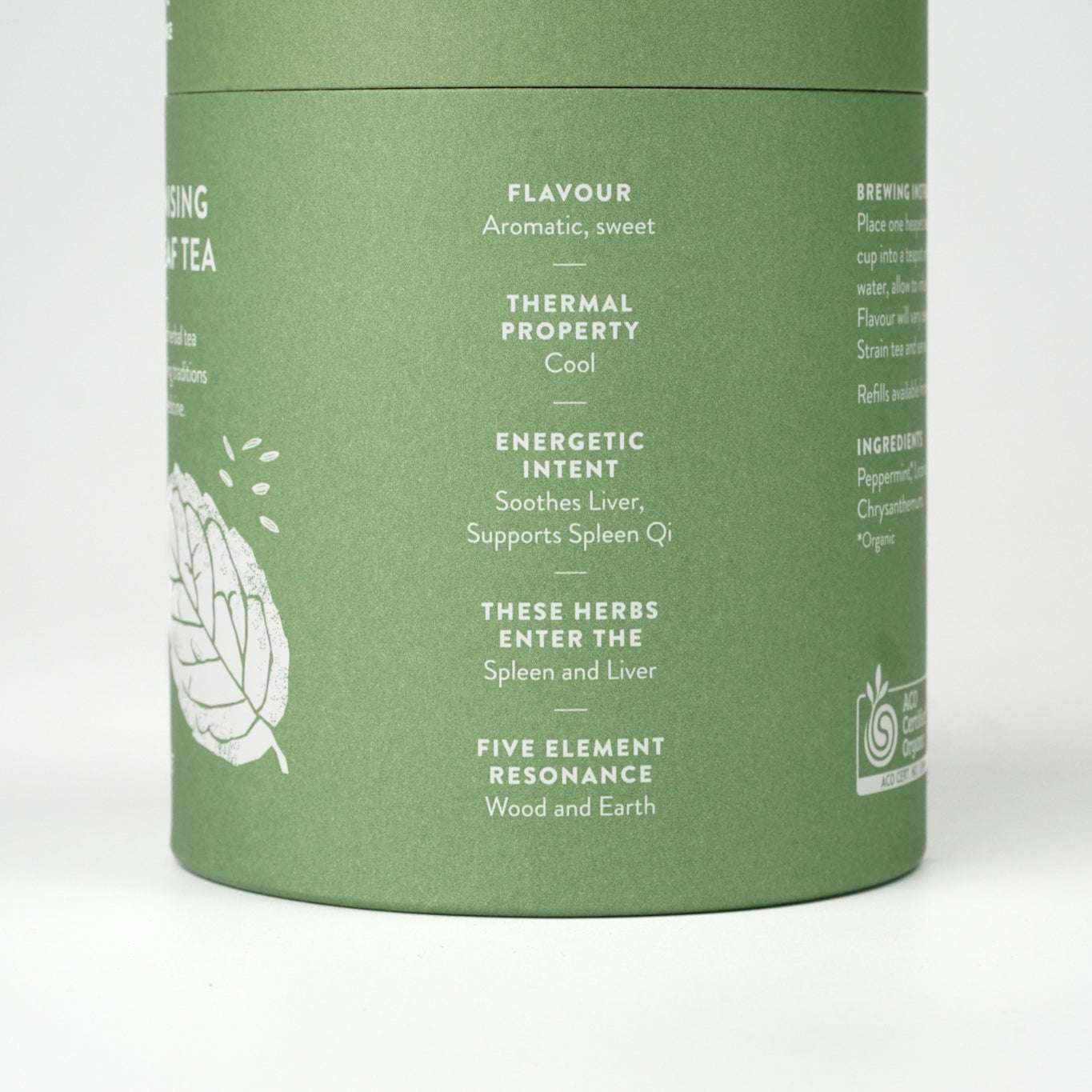 Harmonising Tea canister with aromatic blend details and brewing instructions.