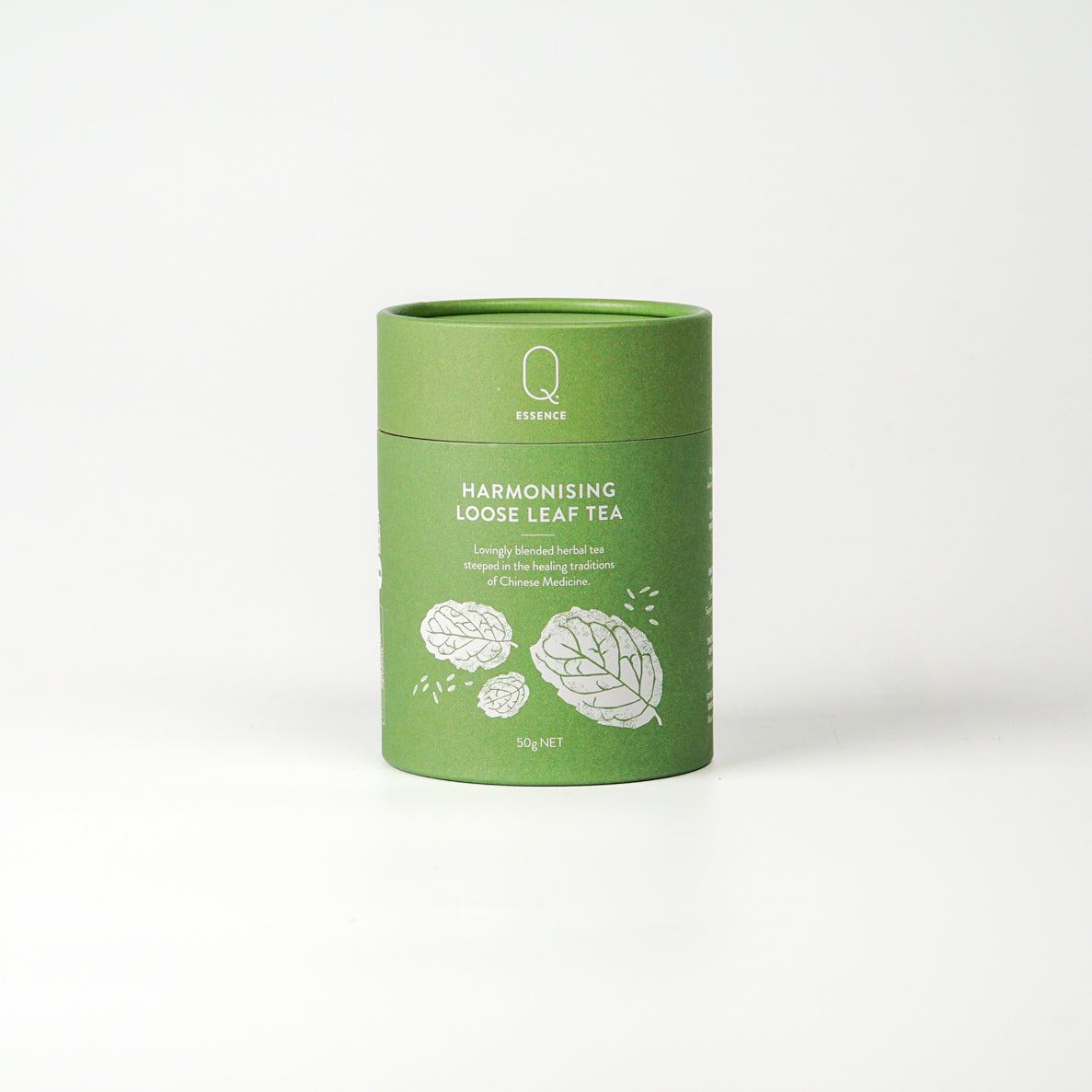 Harmonising Tea canister featuring organic herbal ingredients for digestion and mood elevation.