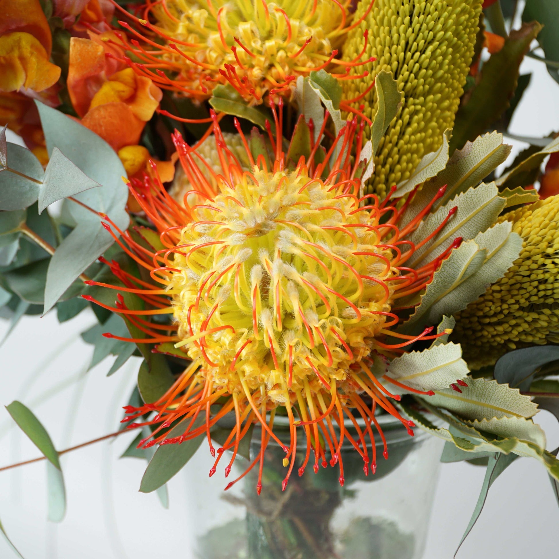Native Flowers floral arrangement featuring colorful pincushion flowers, pink wax flower, and yellow soli field from 'The No.03 - Native Crush'.