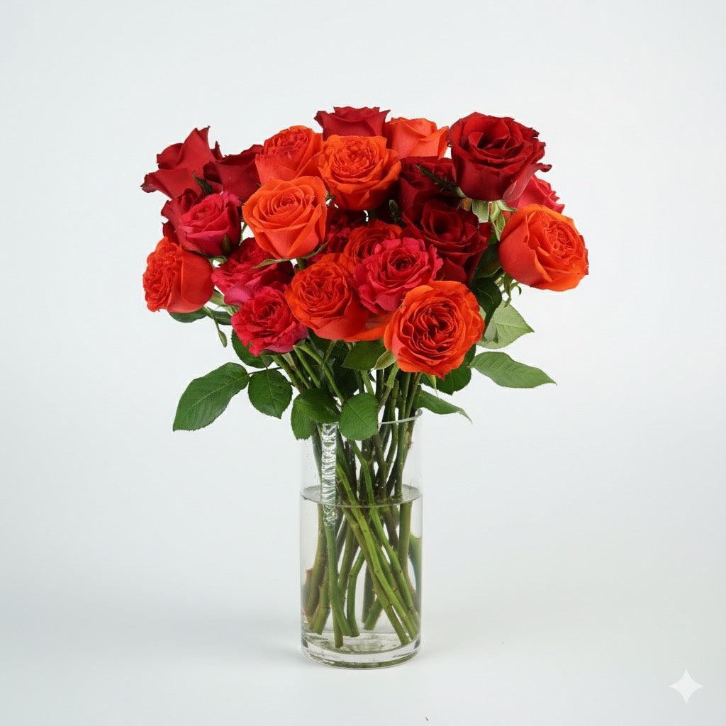 Bouquet of red and orange roses in a clear vase on a white background